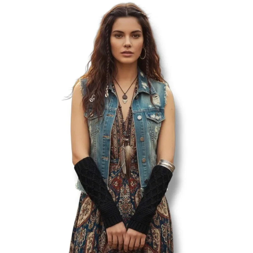Long Black Cable Knit Arm Warmers Gloves Y2K Grunge Boho NWT